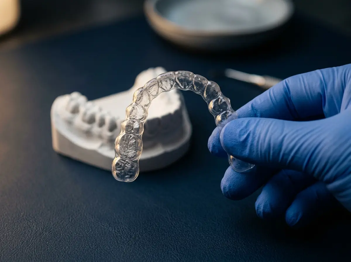 A clear removable orthodontic aligner tray held beside a dental study model