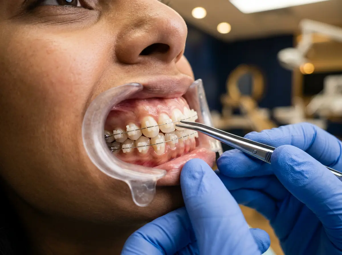 An orthodontist seating an archwire into ceramic brackets during a braces adjustment