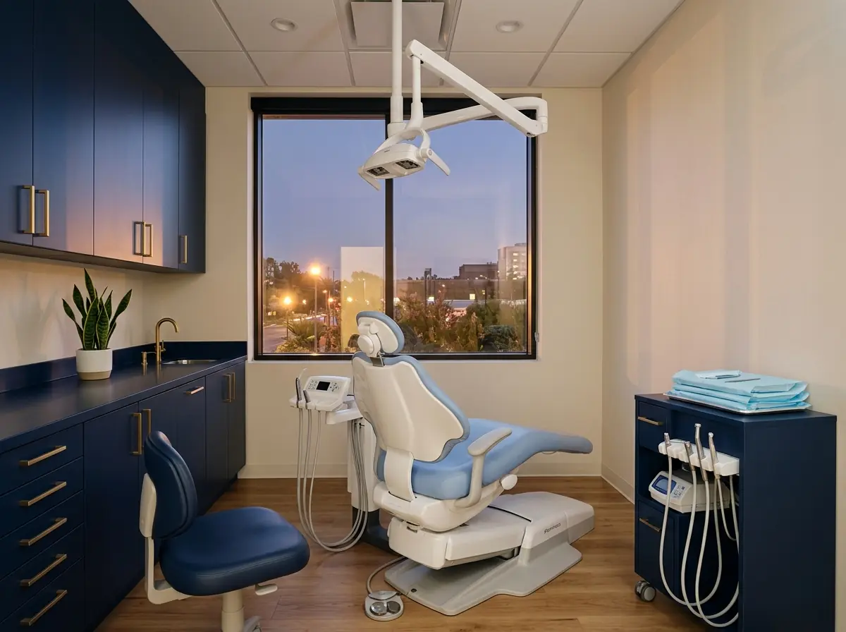 A modern dental treatment room with the operatory light off and evening light at the window