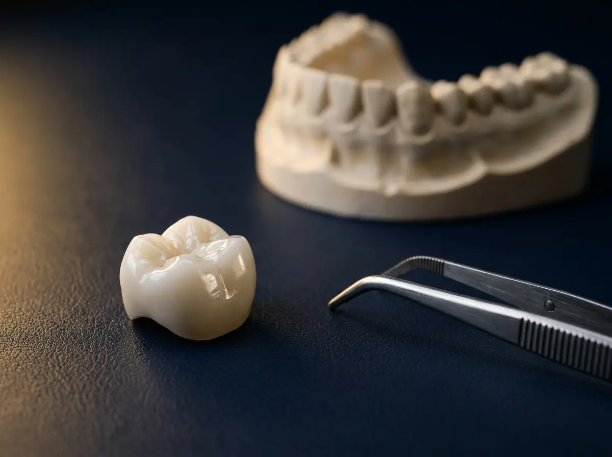 A ceramic dental crown on a work surface beside fine instruments and a study model