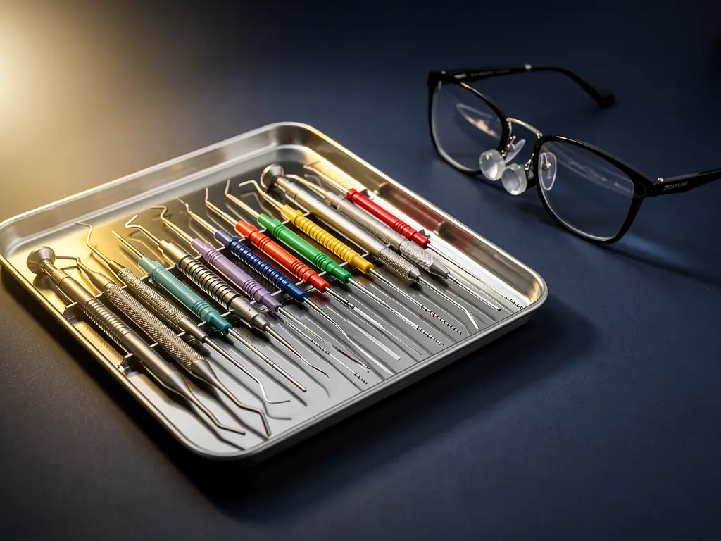A sterile tray of endodontic files and hand instruments laid out before root canal treatment