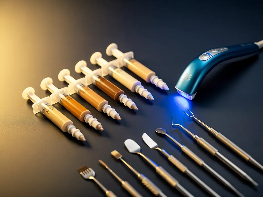 Tooth-coloured composite syringes in graduated shades beside a blue LED curing light