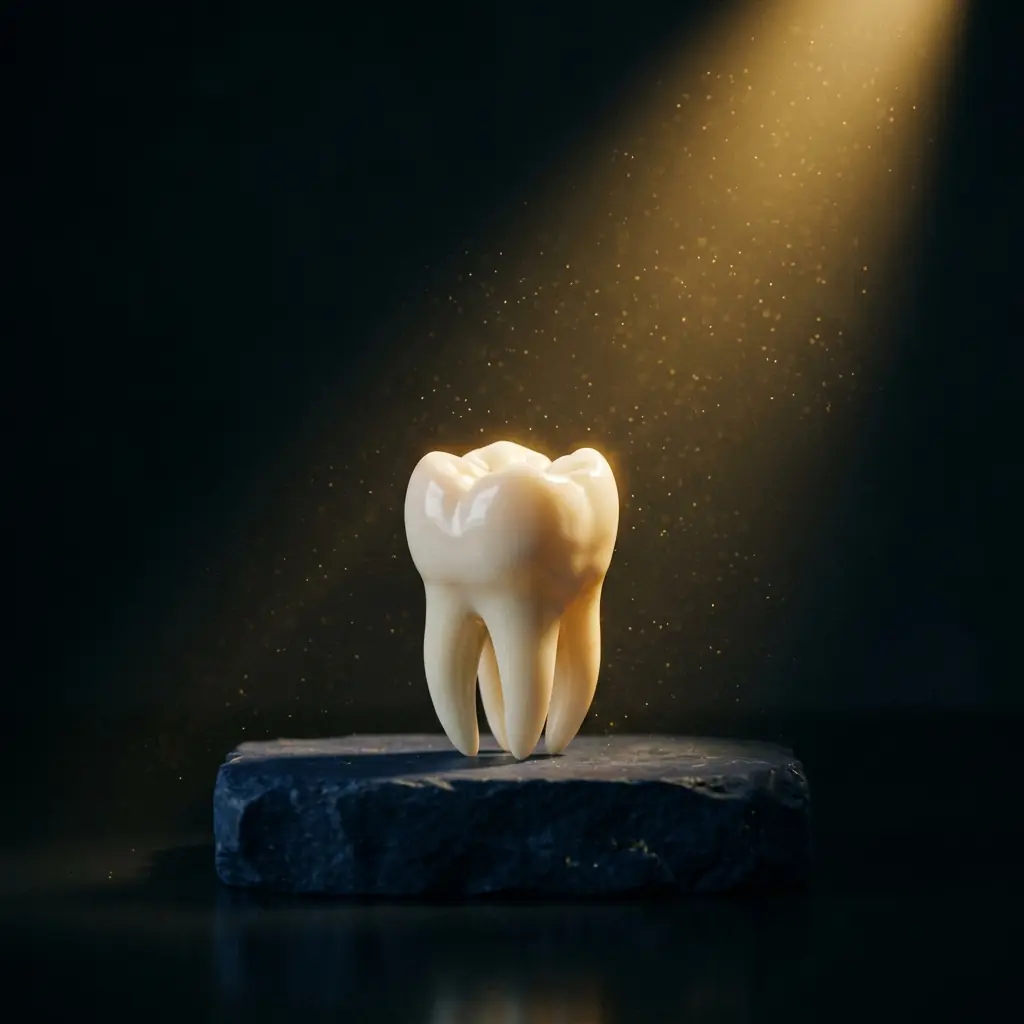 A single healthy molar presented on a dark stone plinth under a warm spotlight
