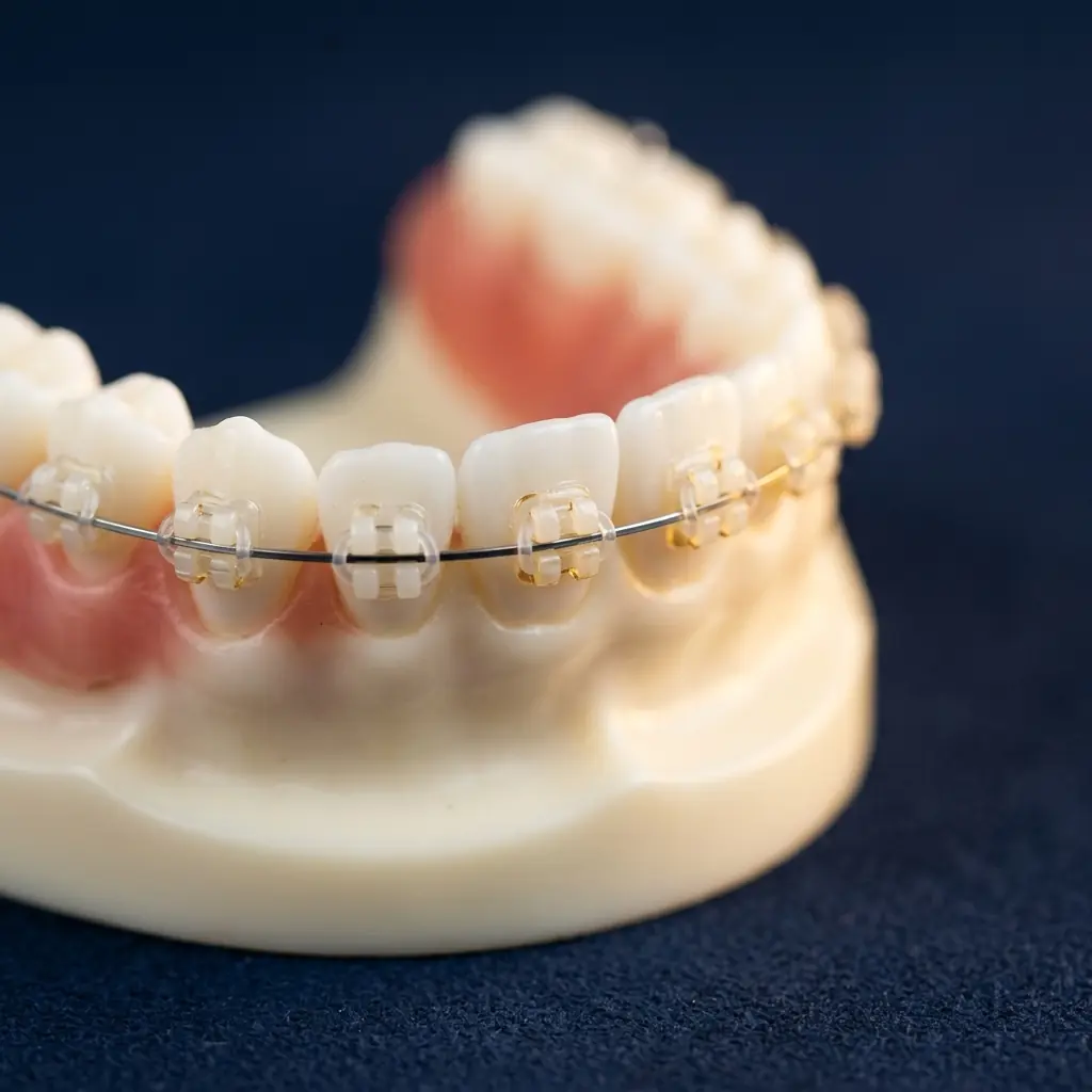 Ceramic orthodontic brackets and an archwire fitted on a dental study model