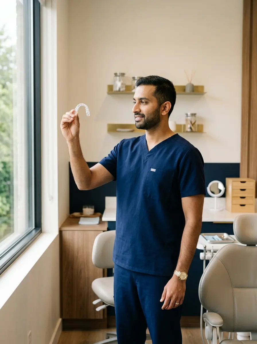 An orthodontist in navy scrubs examining a clear aligner tray against window light in a treatment room