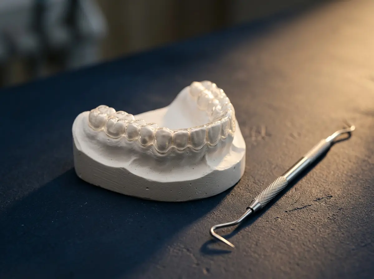 A clear thermoformed retainer seated on a plaster dental arch model
