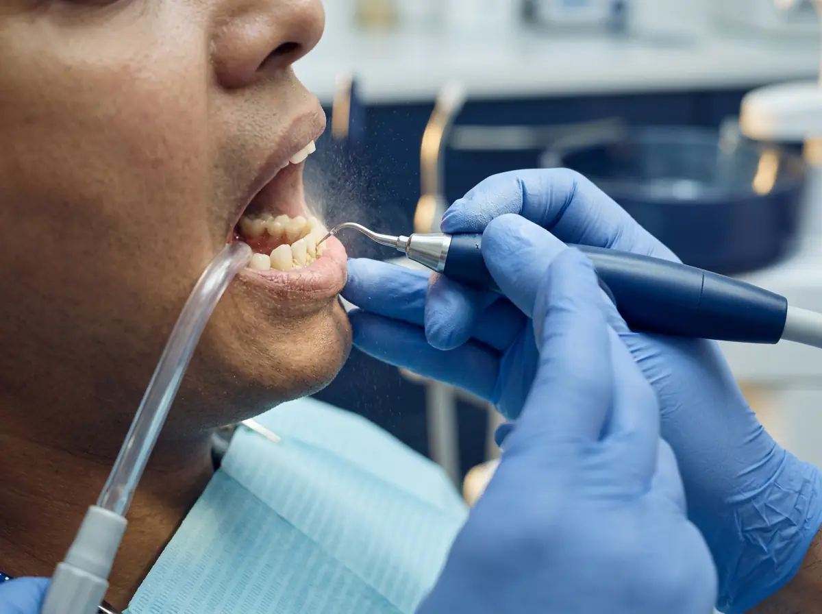 An ultrasonic scaler removing tartar from the lower front teeth during a scaling appointment