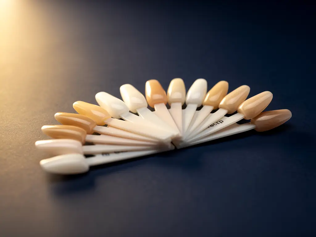 A porcelain shade guide fanned open, tabs graduating from bright white to warm ivory