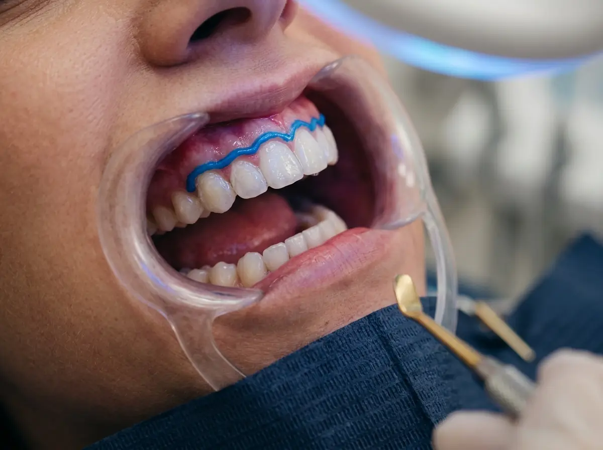 Professional teeth whitening in progress with a protective barrier along the gum line