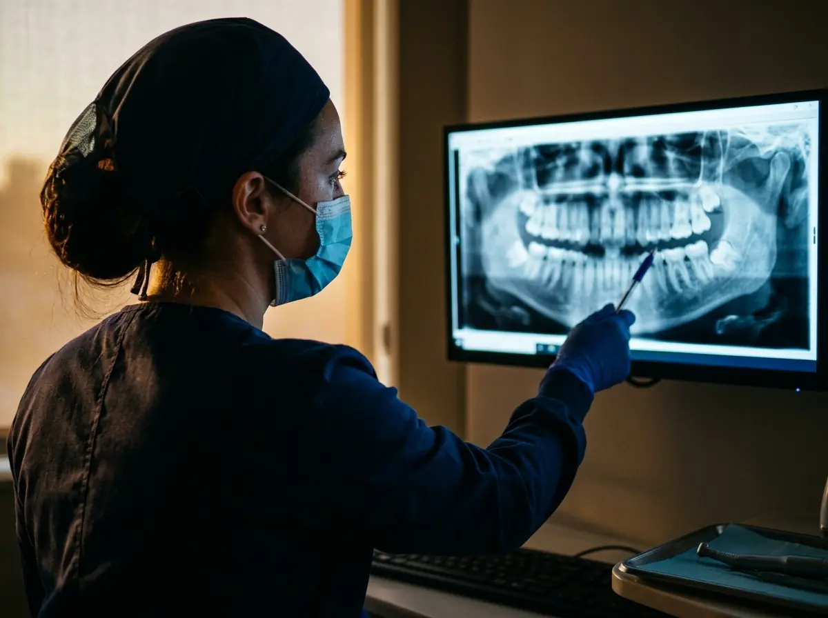 A clinician reviewing a panoramic dental X-ray showing impacted wisdom teeth